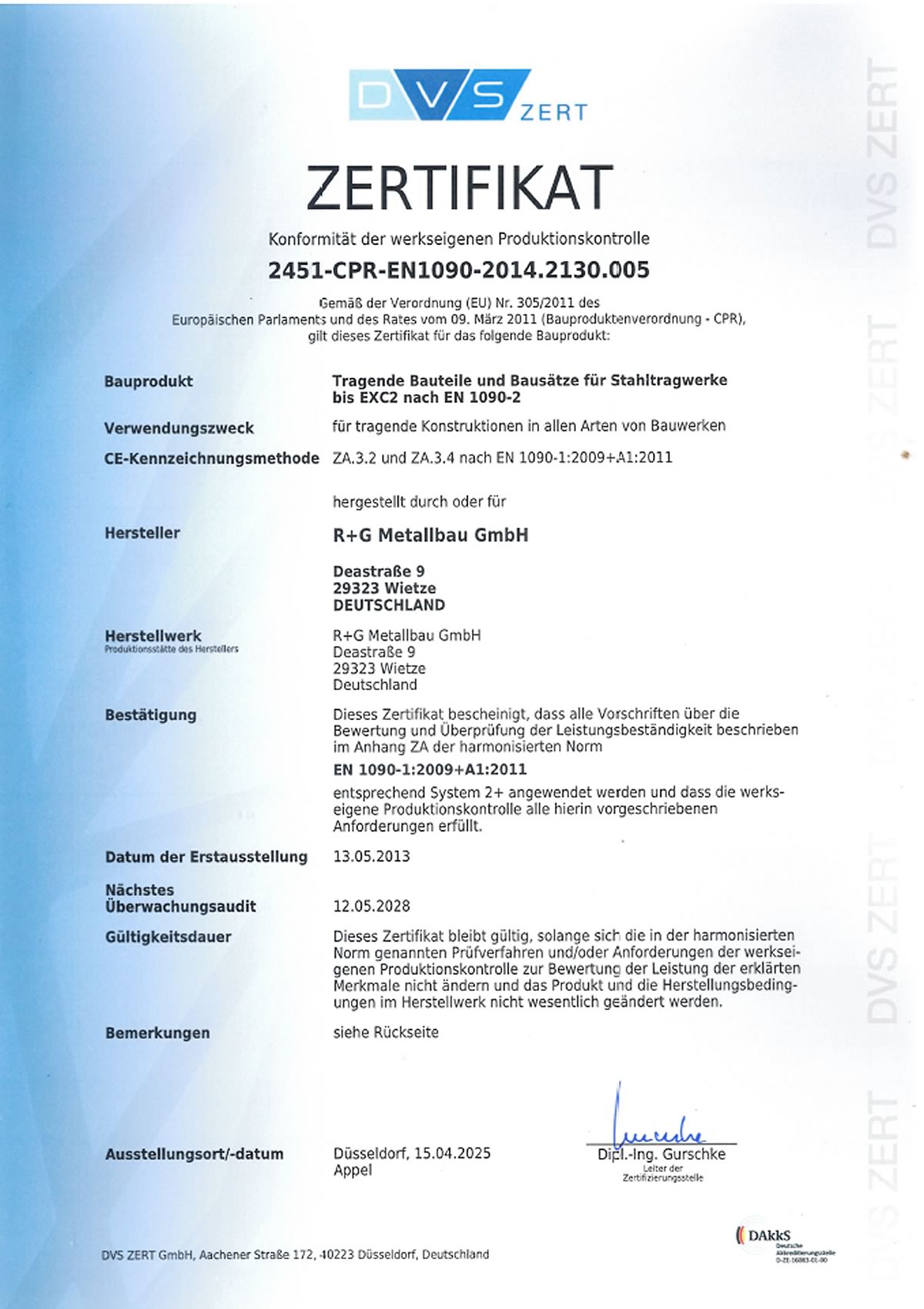 Deutsch: Zertifikat 2451-CPR-EN1090-2014.2130.005