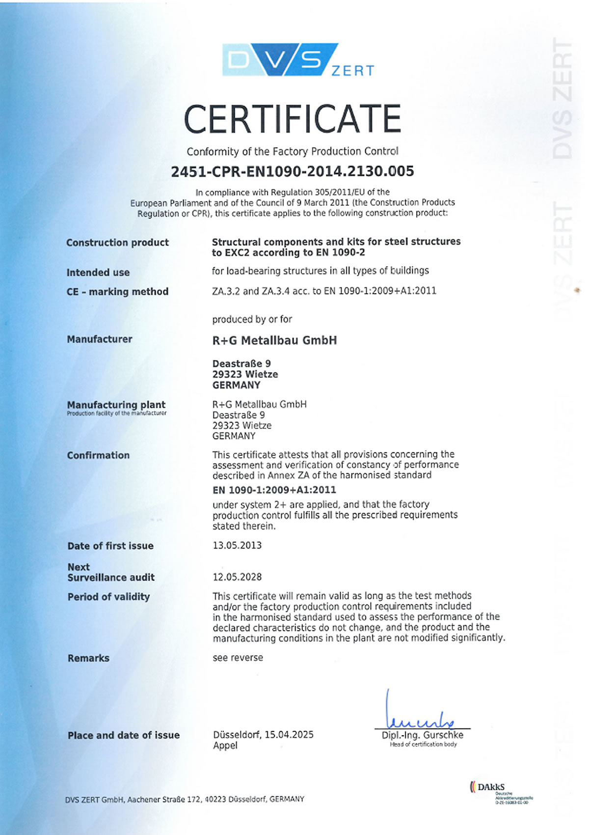 Englisch: Zertifikat 2451-CPR-EN1090-2014.2130.005