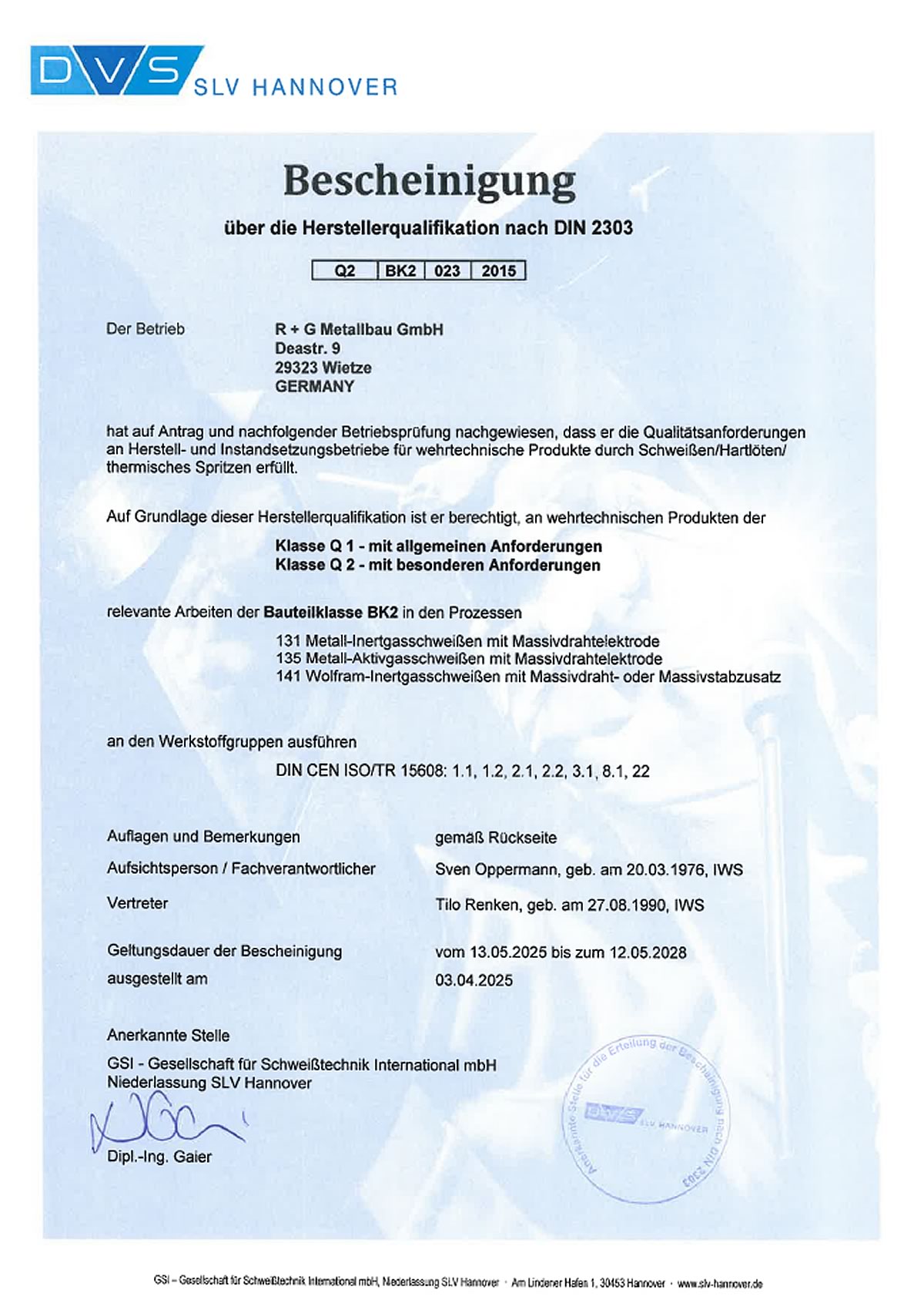 Deutsch: DIN 2303 Bescheinigung
