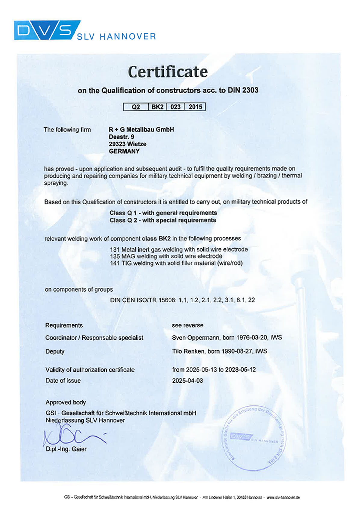 Englisch: DIN 2303 Bescheinigung