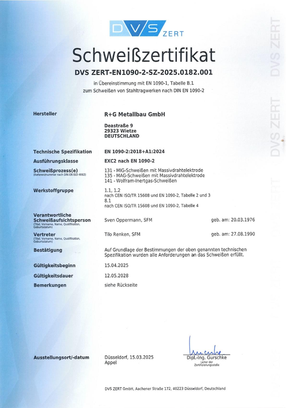Deutsch: Schweißzertifikat DVS ZERT-EN1090-2-SZ-2025.0182.001