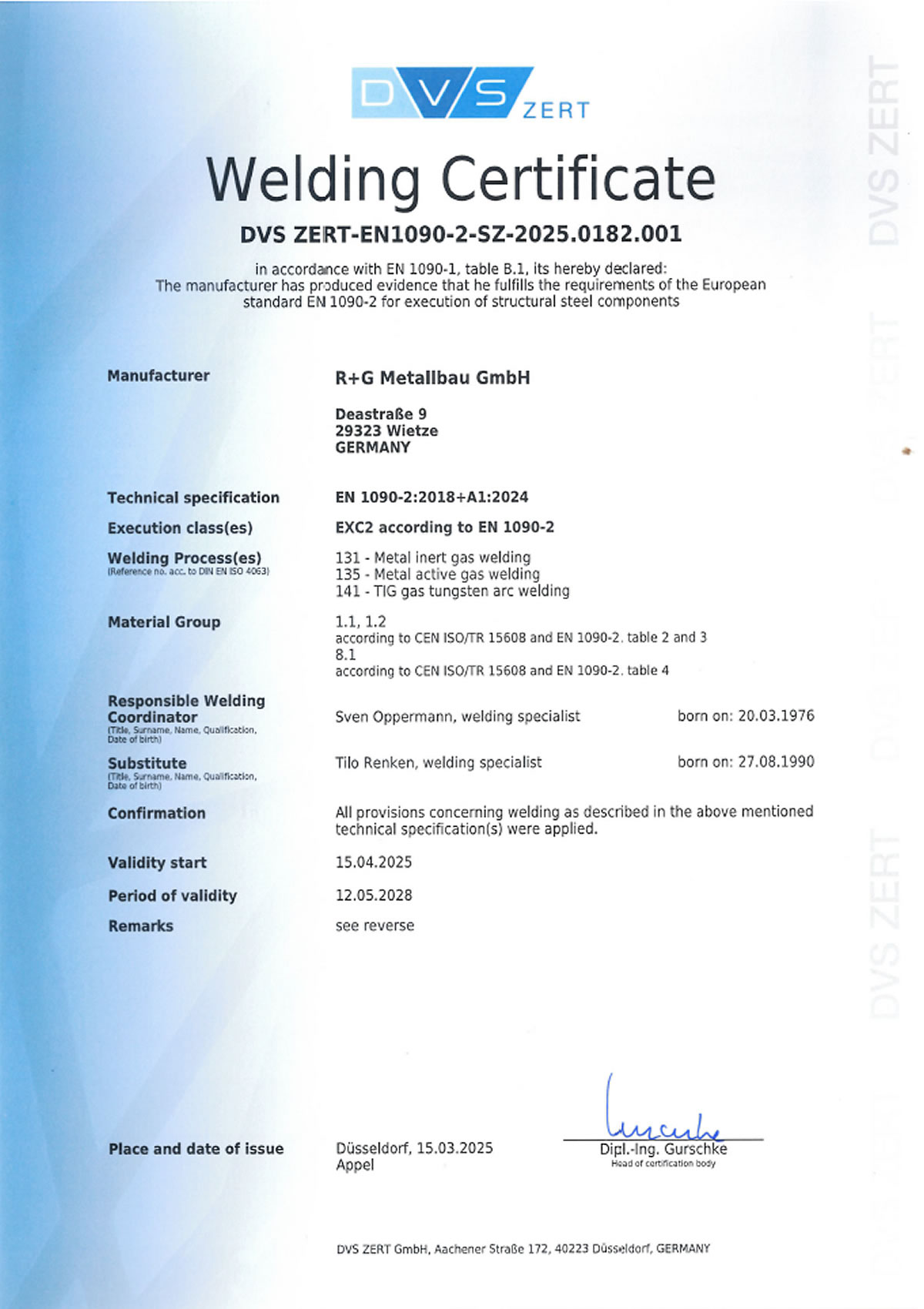 Englisch: Schweißzertifikat DVS ZERT-EN1090-2-SZ-2025.0182.001